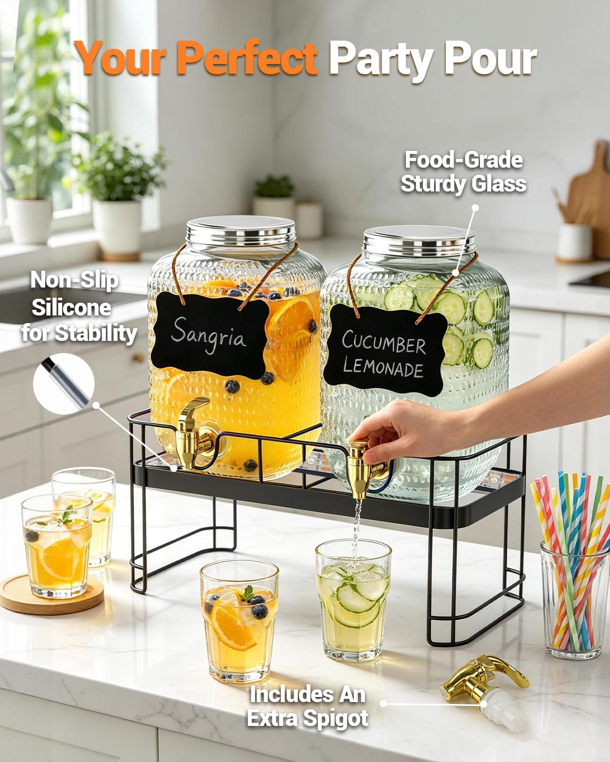 2 Pack 1 Gallon Glass Drink Dispensers with Stand S73807
