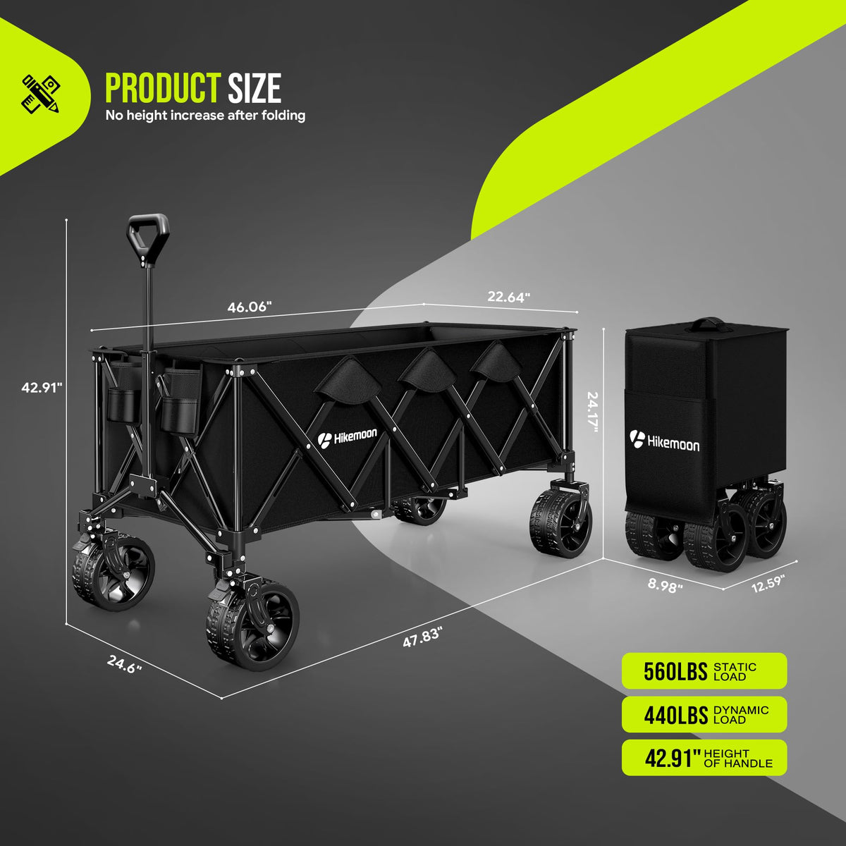 48'' Extra Large Collapsible Wagon with Big Wheels, 300L Black M585