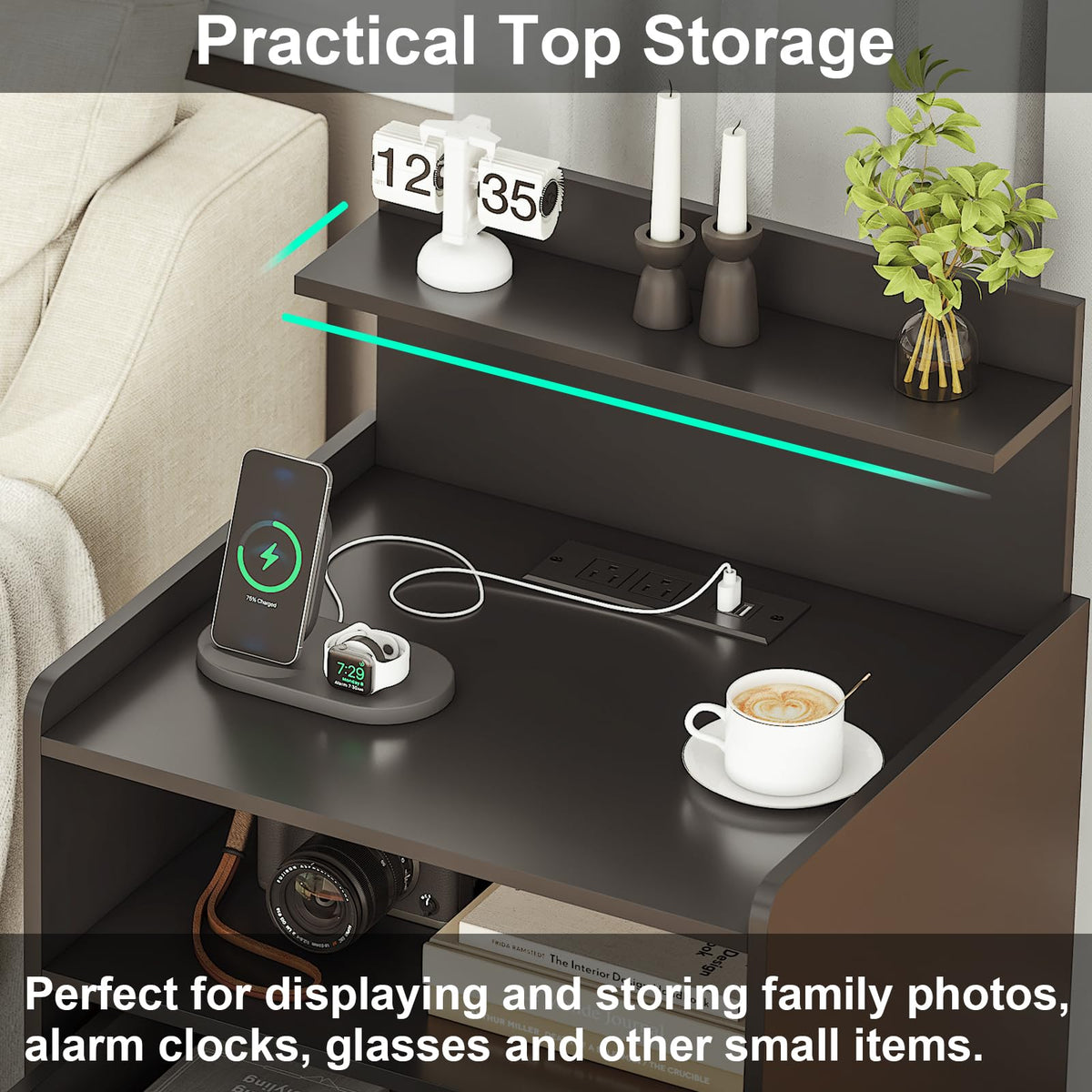 Black LED Nightstand with Charging Station and 2 Drawers Q2345