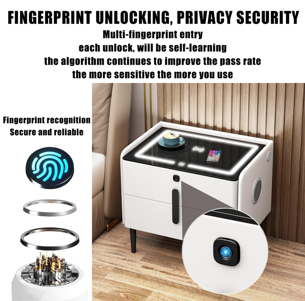Gray 3 Tier Nightstand with Wireless Charging and Fingerprint Lock B9442