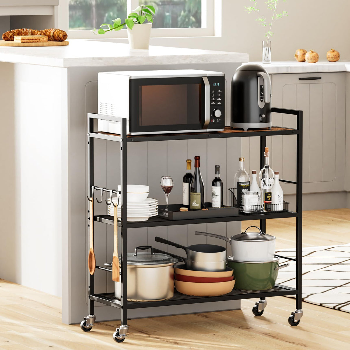 3-Tier Metal Storage Rack with Wheels, Mesh Shelving Unit, Black L813554