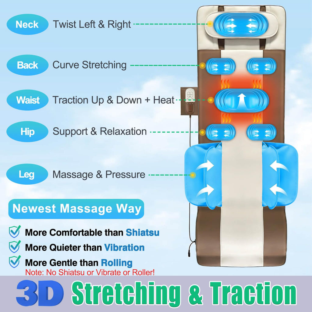 Full Body Massage Mat with Airbags Stretching & Heating, 3D Lumbar Traction, 4 Modes 3 Intensities 3 Heat Levels, PU Leather, Foldable Q20919