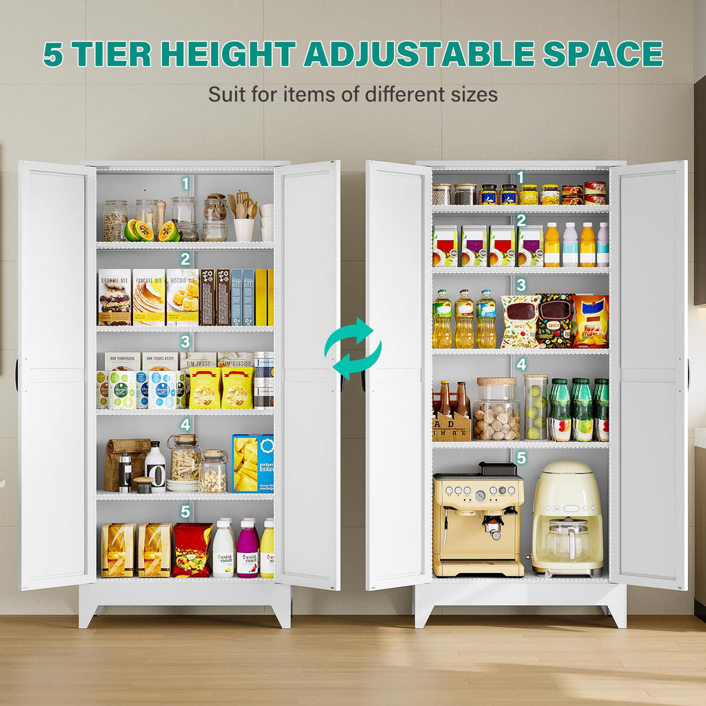 75" Tall White Metal Pantry Cabinet with 2 Doors and 5 Shelves V6215