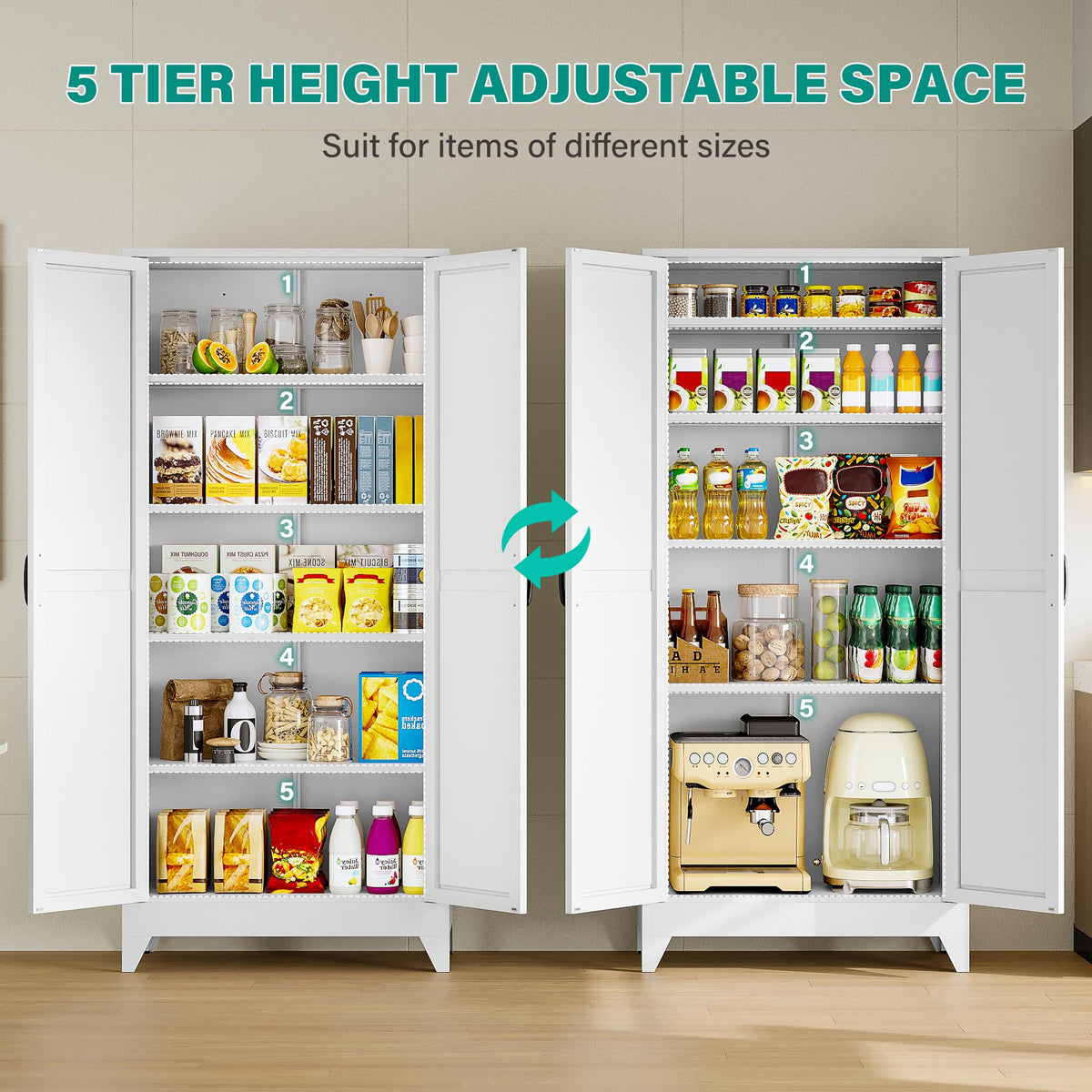 75" Tall White Metal Pantry Cabinet with 2 Doors and 5 Shelves V6215