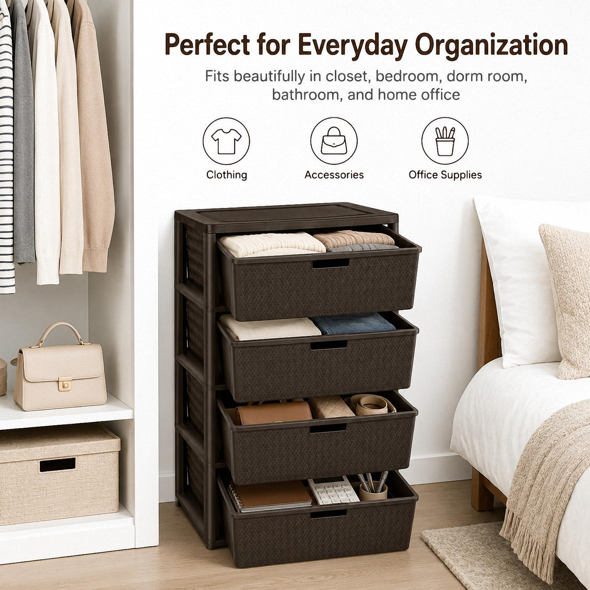 Brown 4-Drawer Plastic Storage Tower Q95643