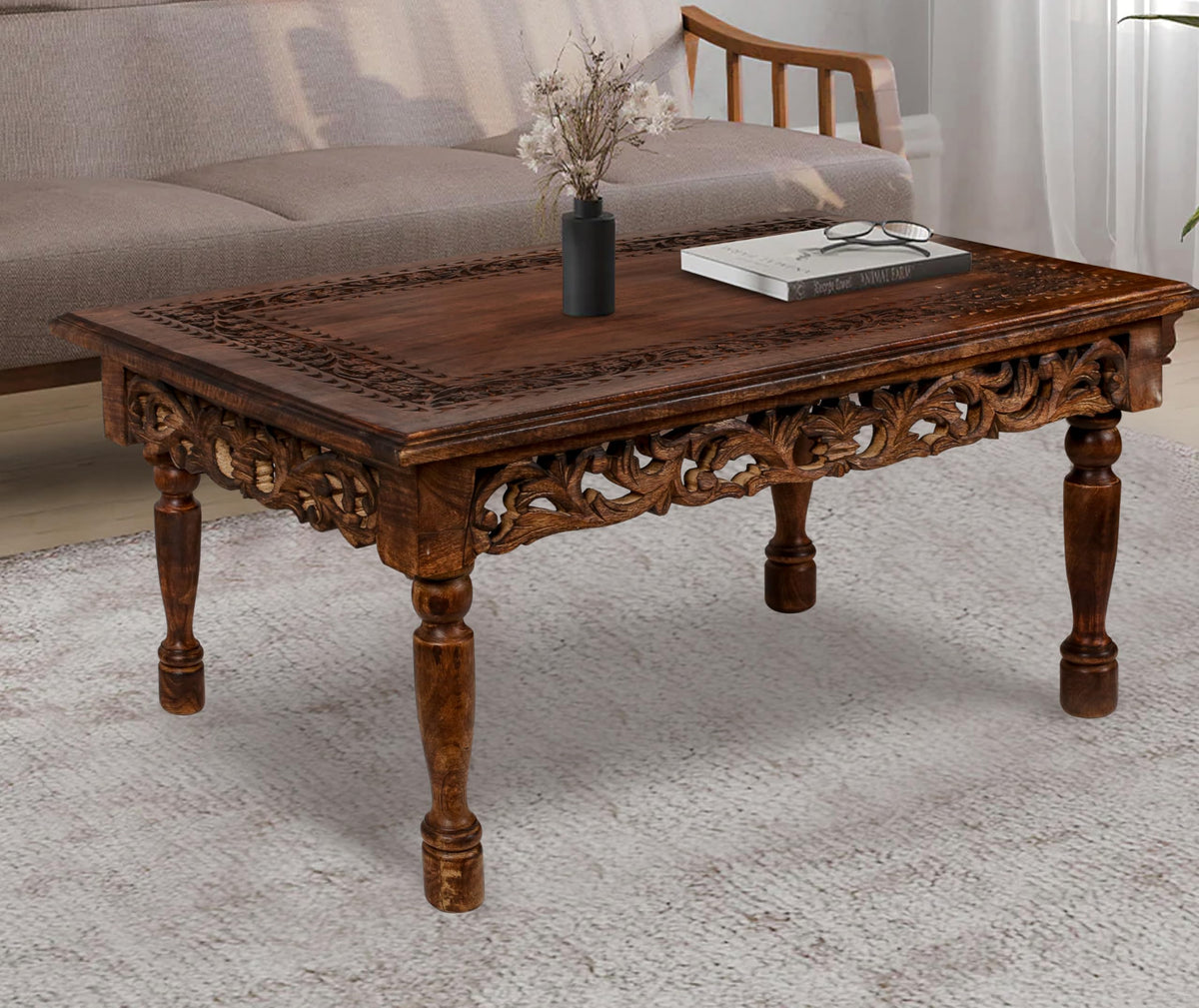 Farmhouse Coffee Table 36x24x18 Jali Carved Wood U9564