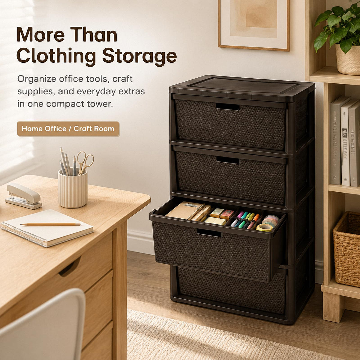 Brown 4-Drawer Plastic Storage Tower Q95643
