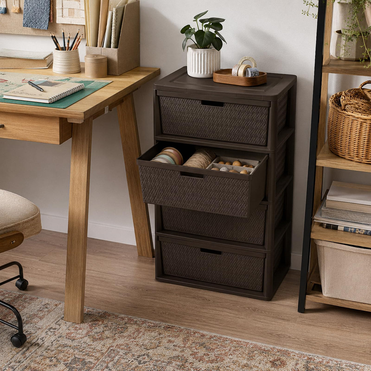 Brown 4-Drawer Plastic Storage Tower Q95643
