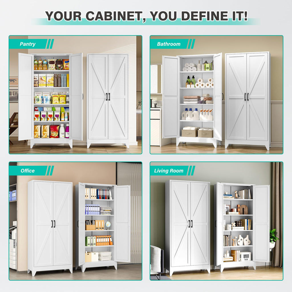 75" Tall White Metal Pantry Cabinet with 2 Doors and 5 Shelves V6215
