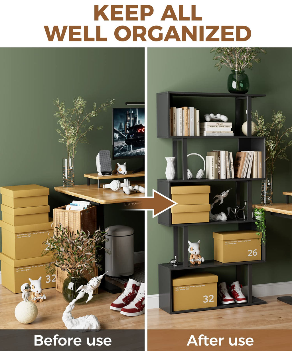Black 5-Tier Geometric Wood Bookcase B45999