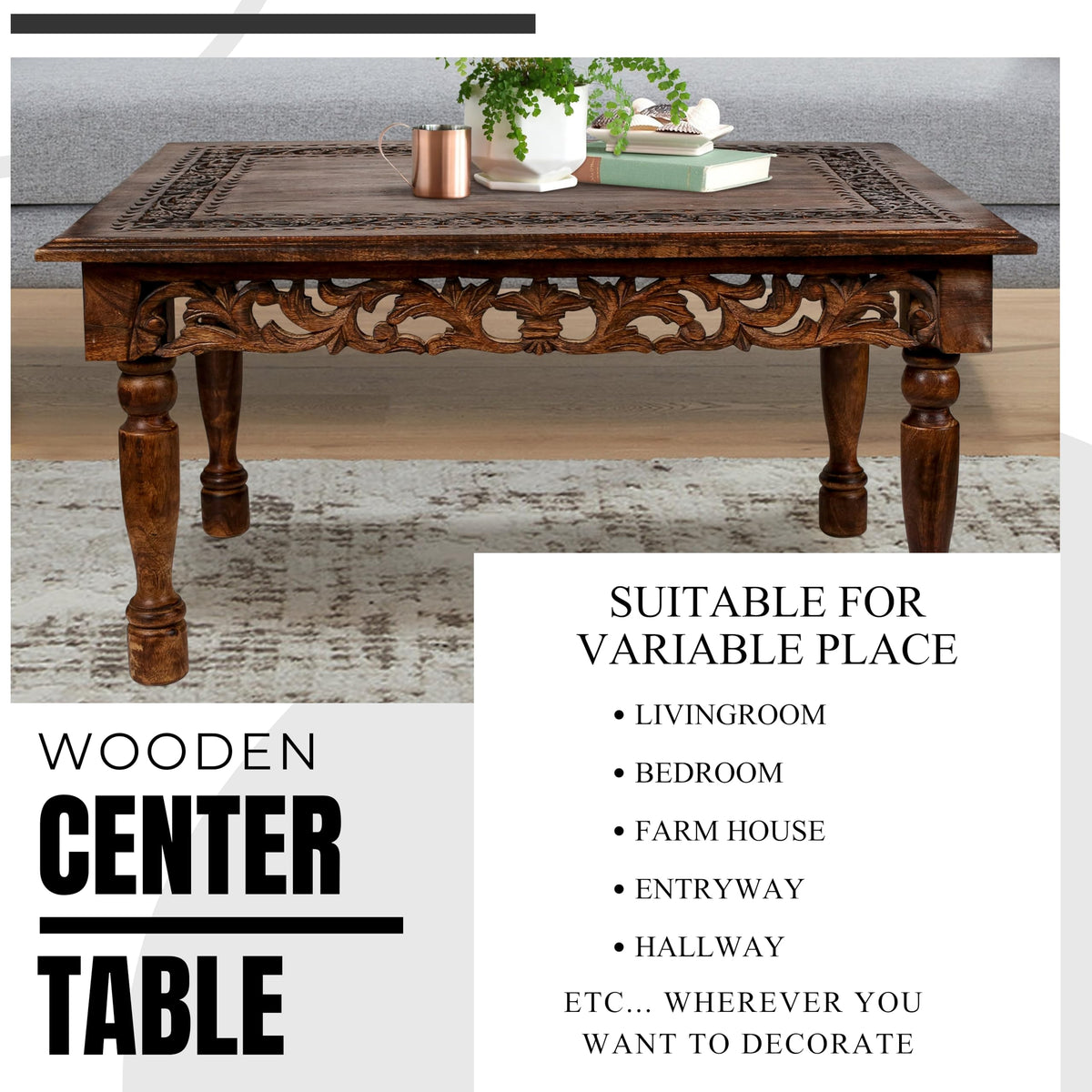 Farmhouse Coffee Table 36x24x18 Jali Carved Wood U9564