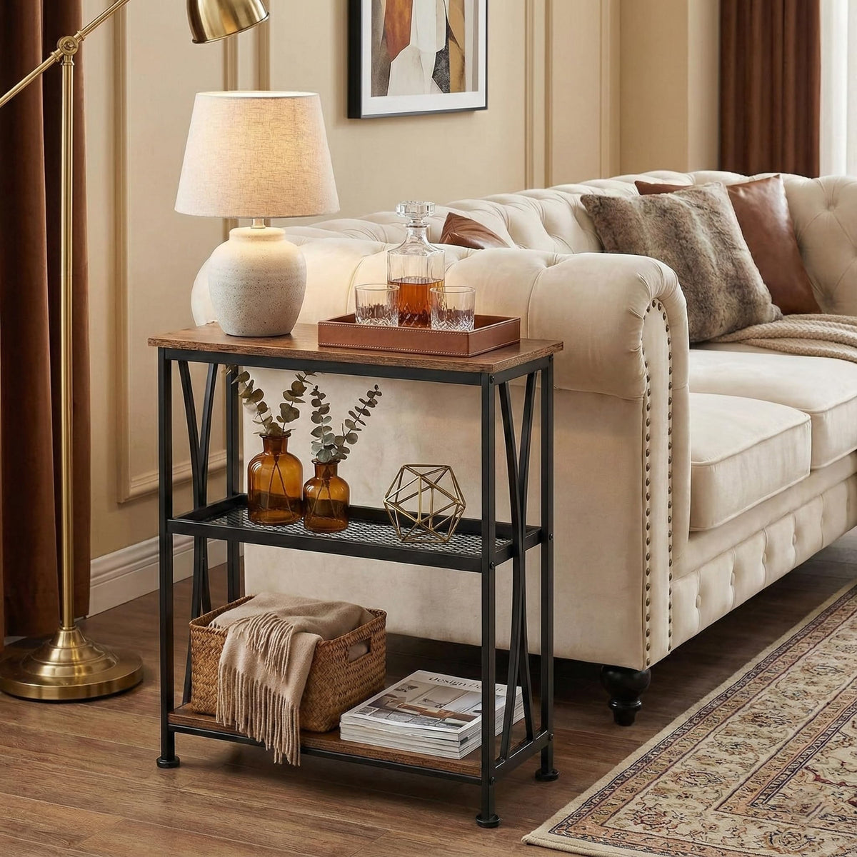 Narrow 3-Tier Side Table with Storage Shelves T468