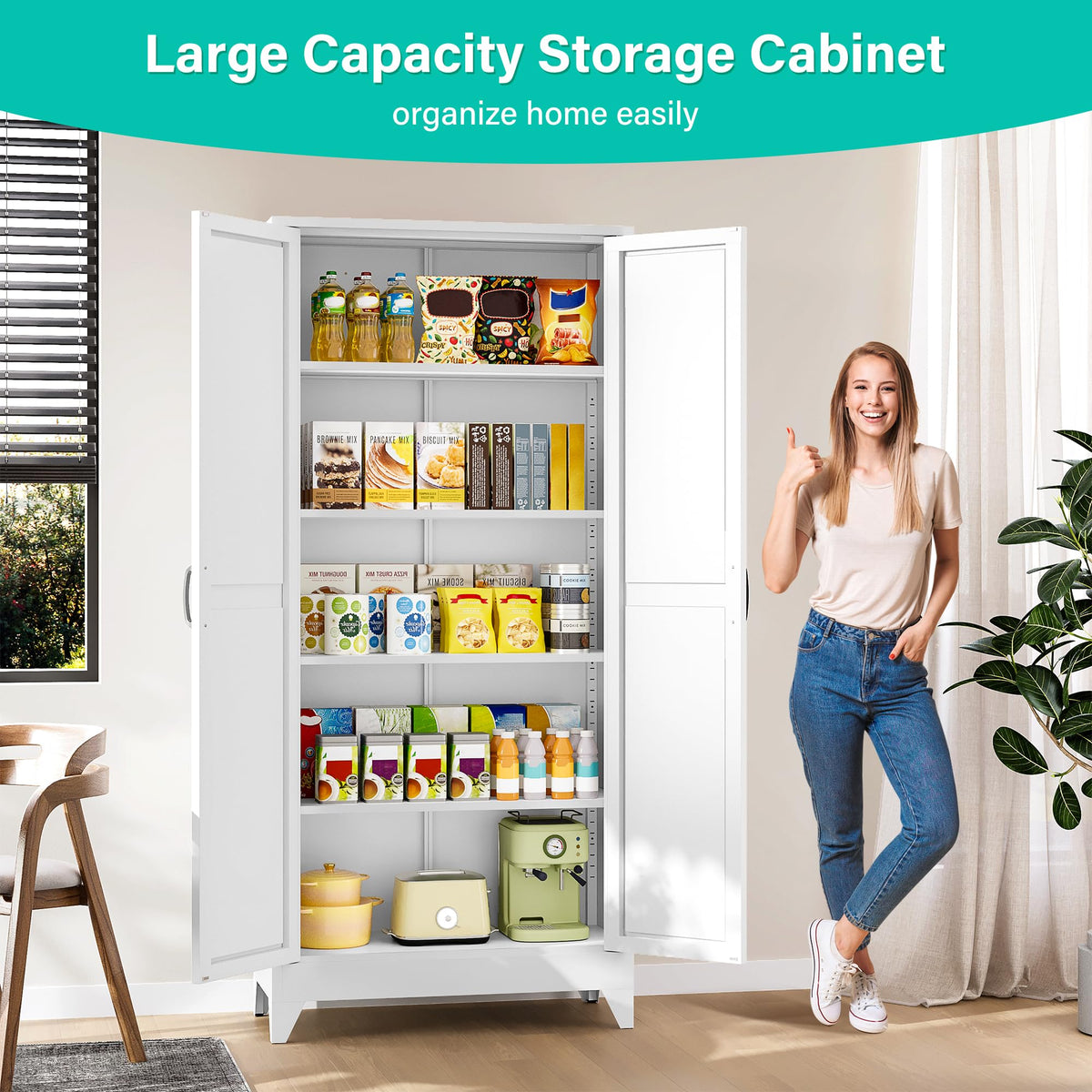 75" Tall White Metal Pantry Cabinet with 2 Doors and 5 Shelves V6215