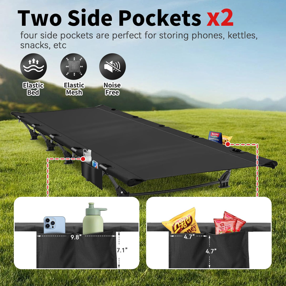 Ultralight Portable Folding Camping Cot with 2 Side Pocket Y7236