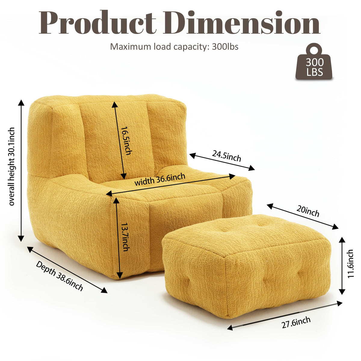 Yellow Memory Foam Bean Bag Chair with Ottoman E951127