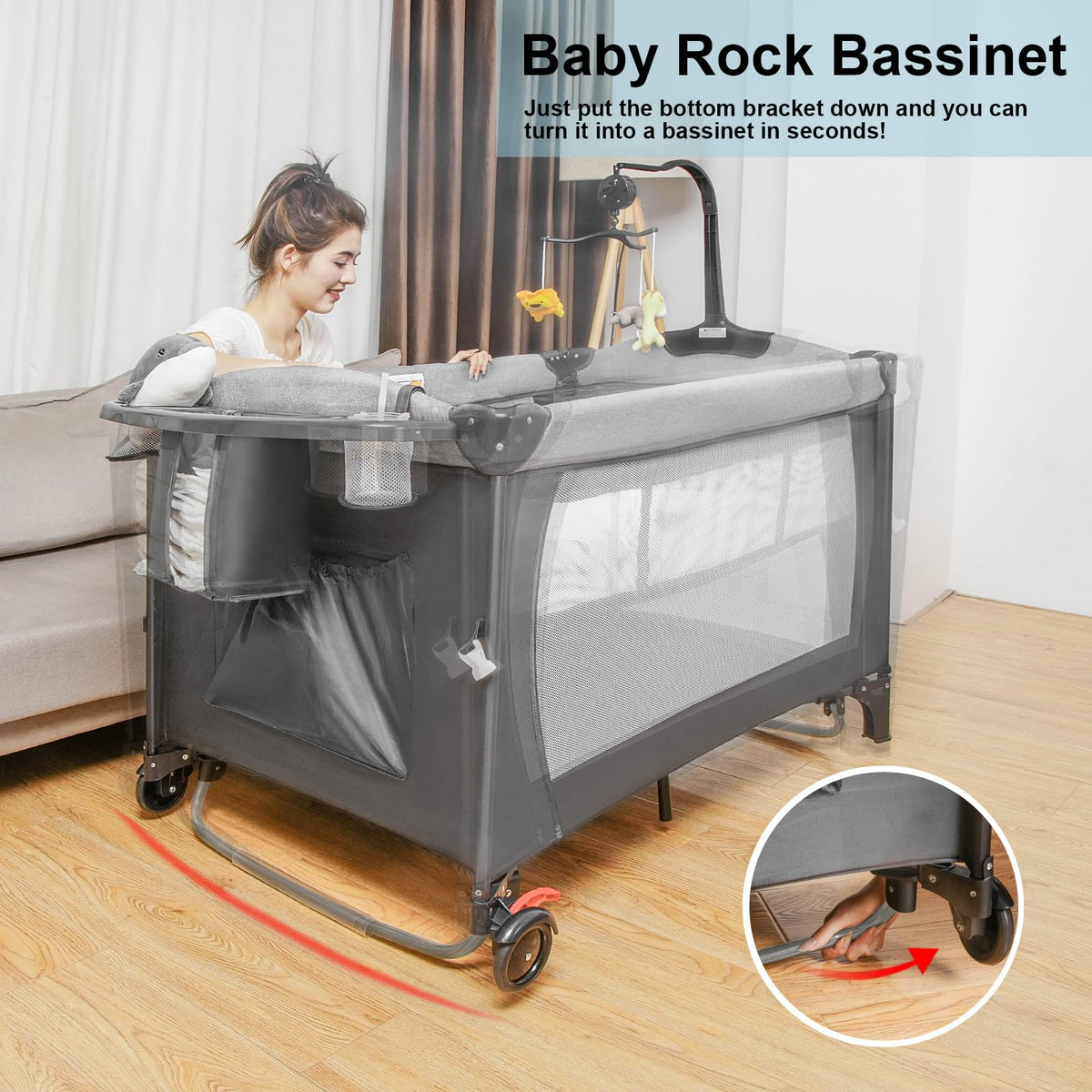 5-in-1 Pack and Play Baby Bassinet Bedside Sleeper Grey M36406