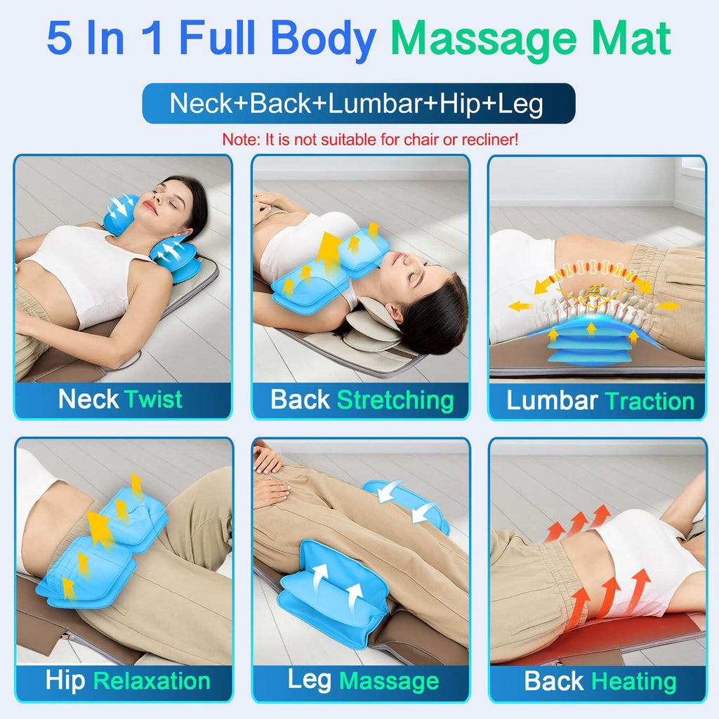 Full Body Massage Mat with Airbags Stretching & Heating, 3D Lumbar Traction, 4 Modes 3 Intensities 3 Heat Levels, PU Leather, Foldable Q20919