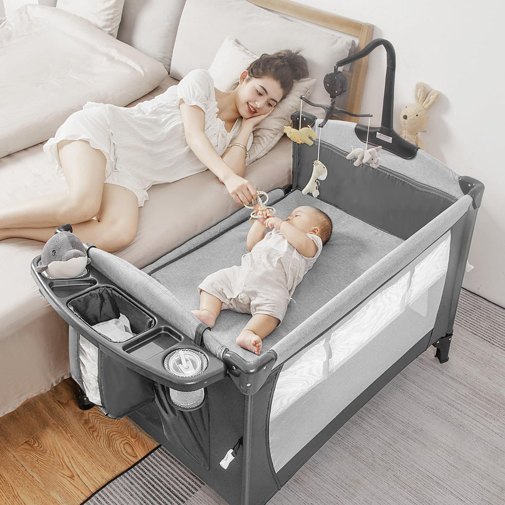 5-in-1 Pack and Play Baby Bassinet Bedside Sleeper Grey M36406