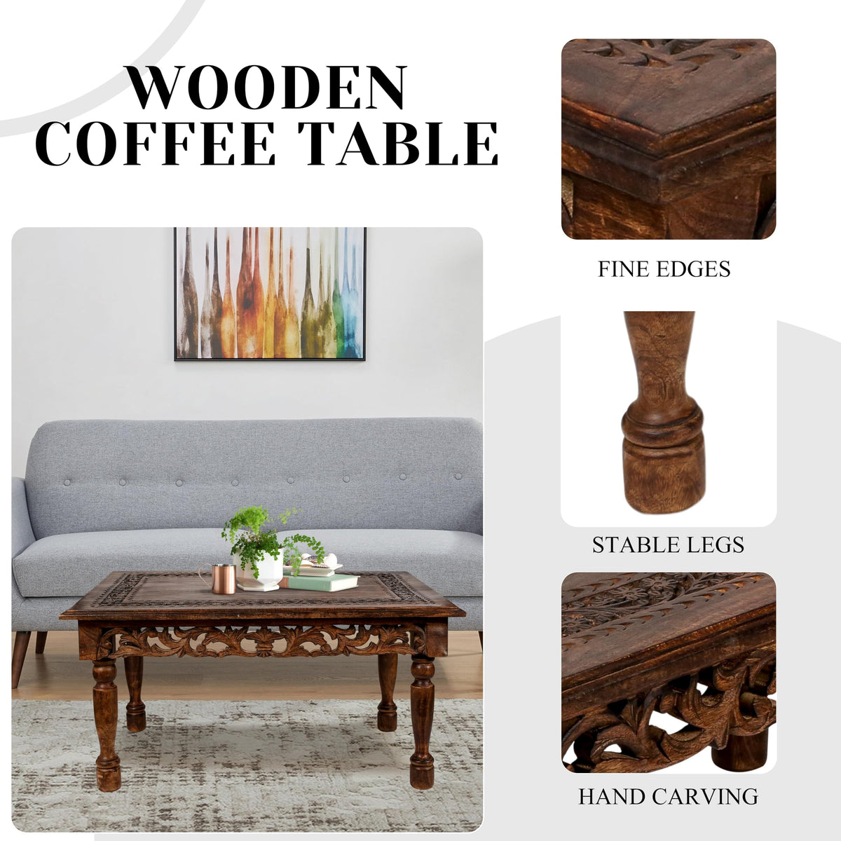 Farmhouse Coffee Table 36x24x18 Jali Carved Wood U9564