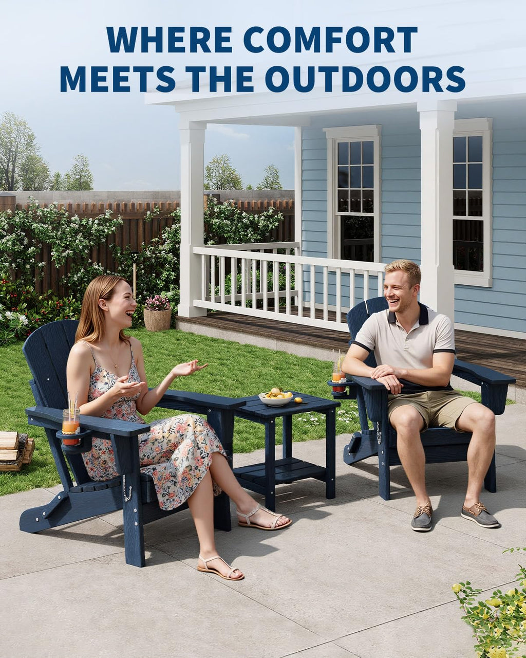 HDPE Folding Adirondack Chair Set of 2 with Side Table, Navy Blue Y3483