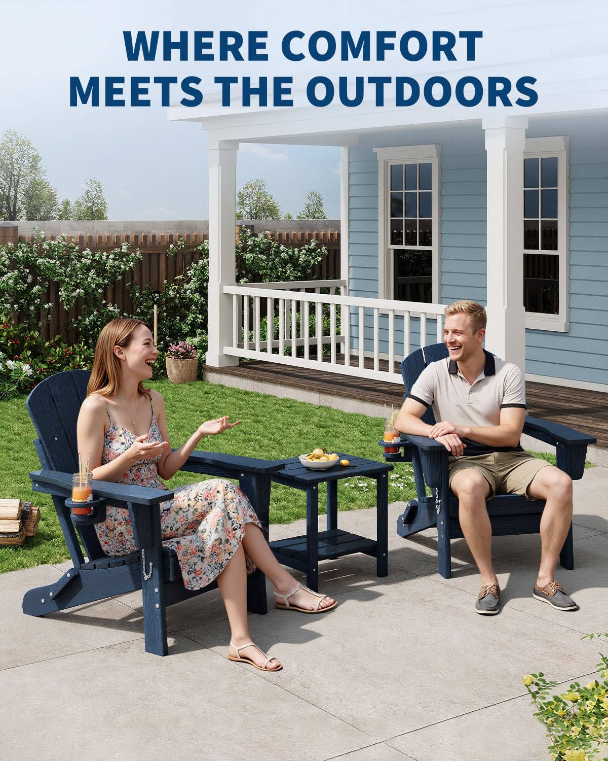 HDPE Folding Adirondack Chair Set of 2 with Side Table, Navy Blue Y3483