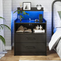 Black LED Nightstand with Charging Station and 2 Drawers Q2345