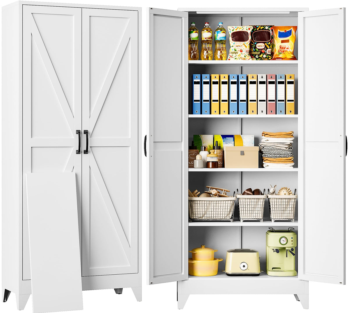 75" Tall White Metal Pantry Cabinet with 2 Doors and 5 Shelves V6215