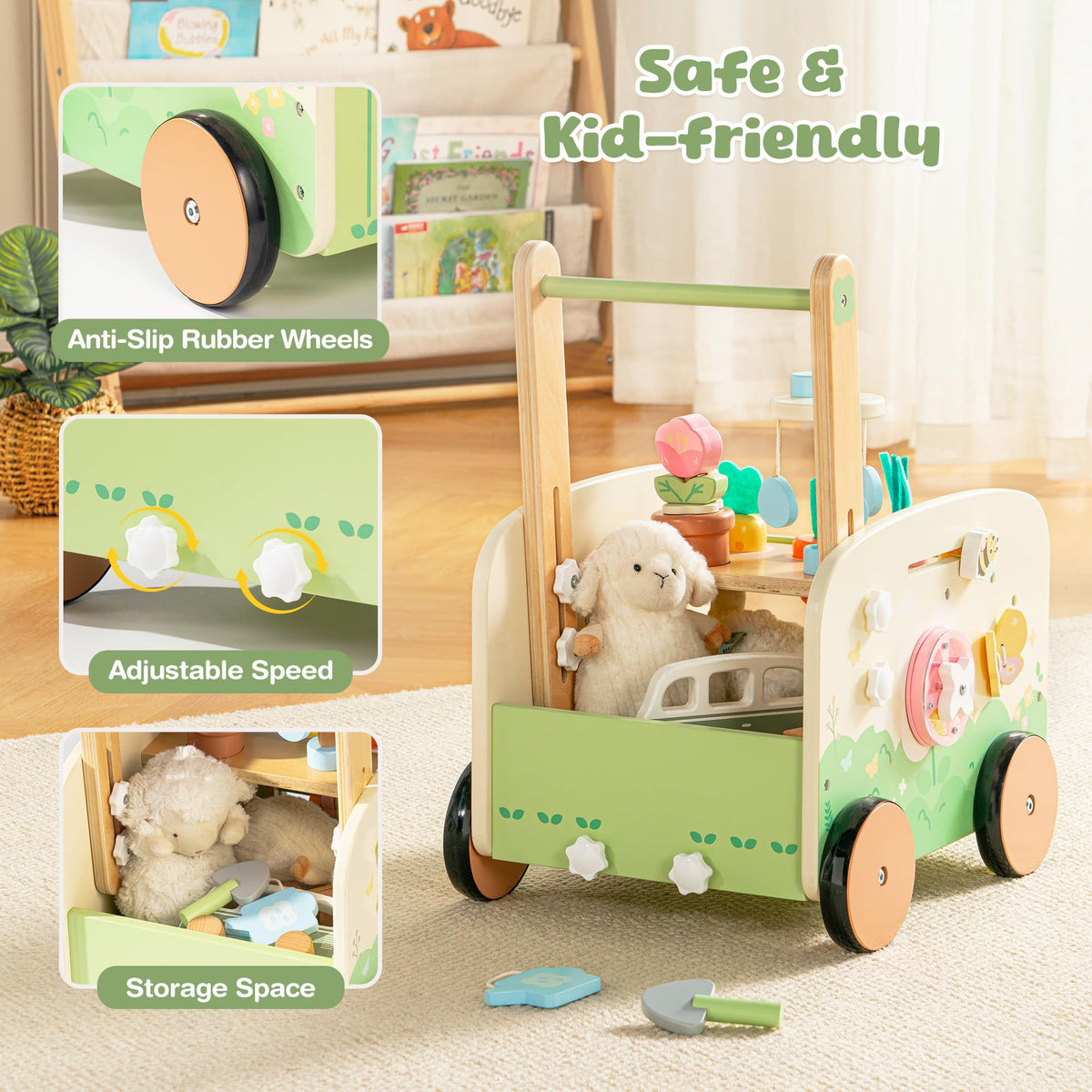 Wooden Baby Walker, 10-in-1 Activity Center Toys, Green X858