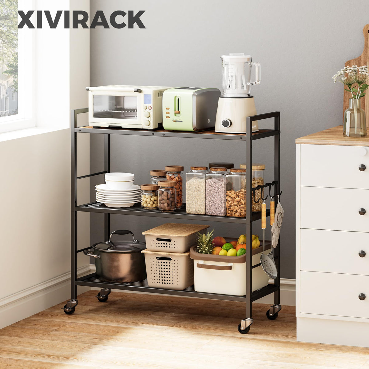 3-Tier Metal Storage Rack with Wheels, Mesh Shelving Unit, Black L813554