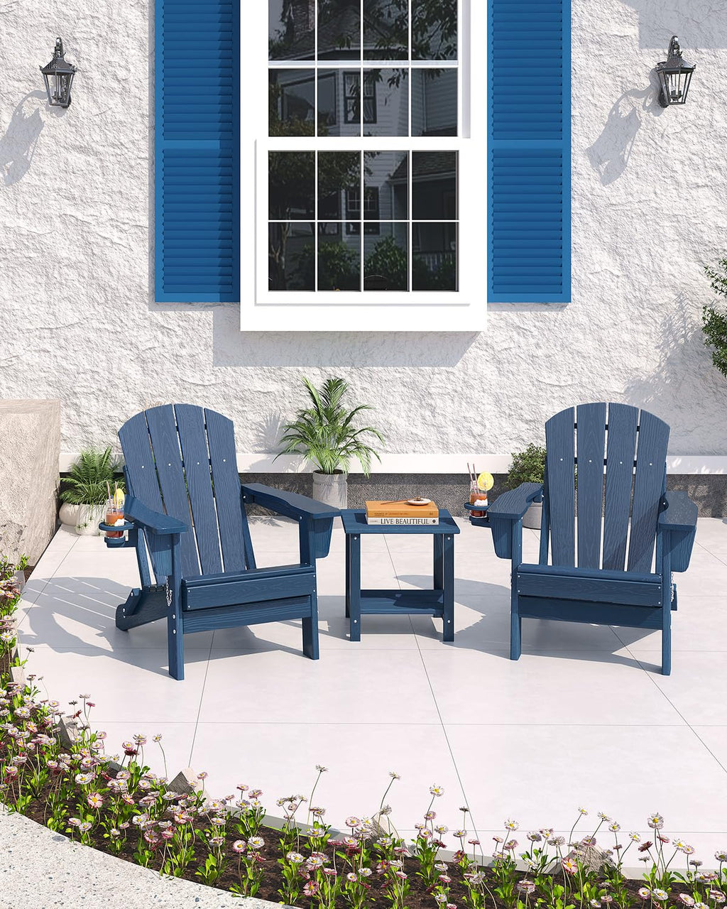 HDPE Folding Adirondack Chair Set of 2 with Side Table, Navy Blue Y3483