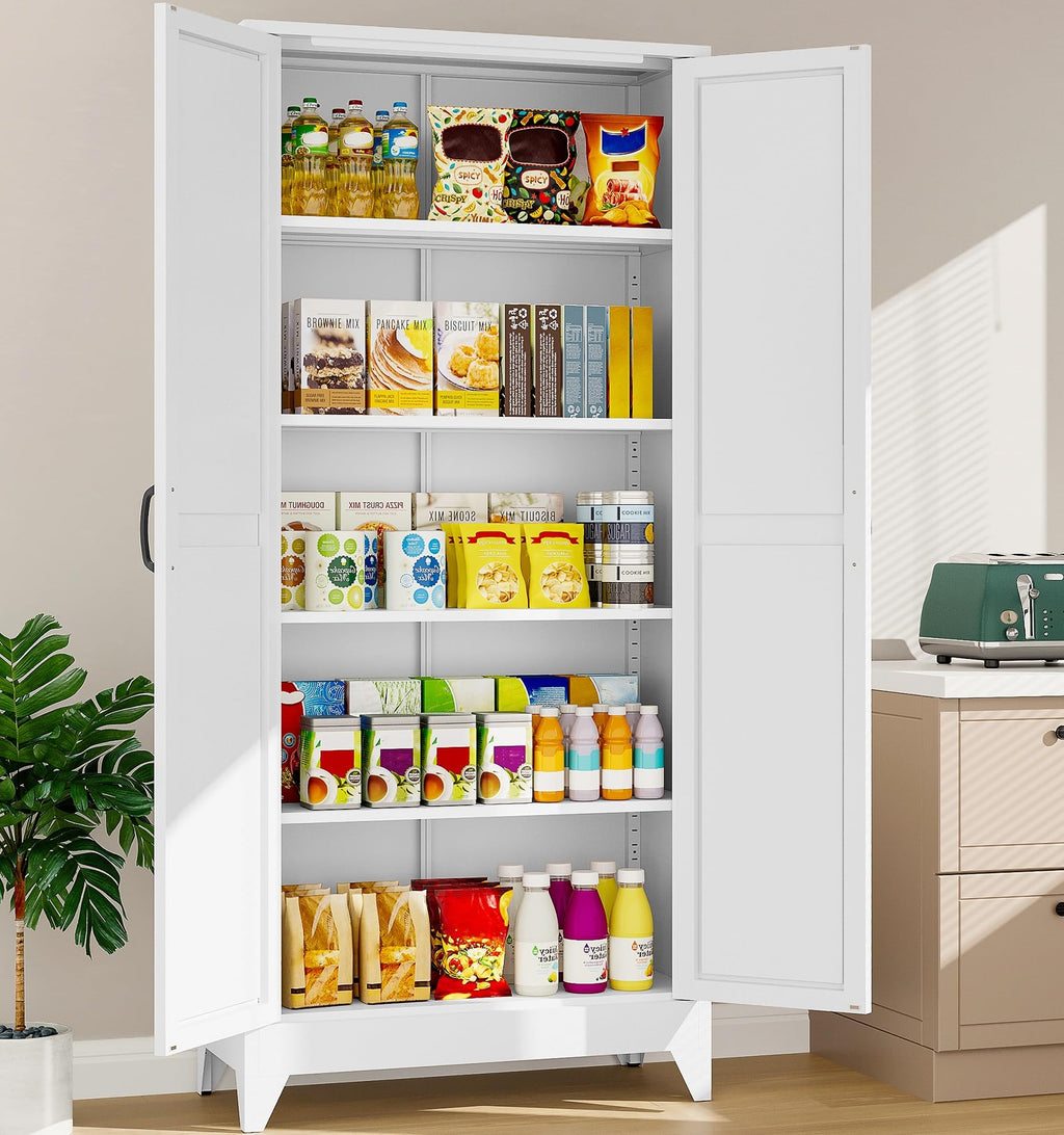 75" Tall White Metal Pantry Cabinet with 2 Doors and 5 Shelves V6215