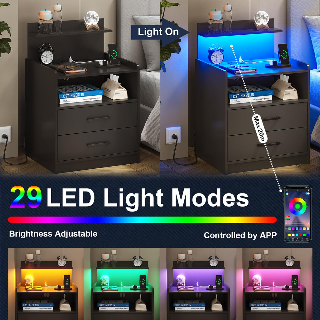 Black LED Nightstand with Charging Station and 2 Drawers Q2345