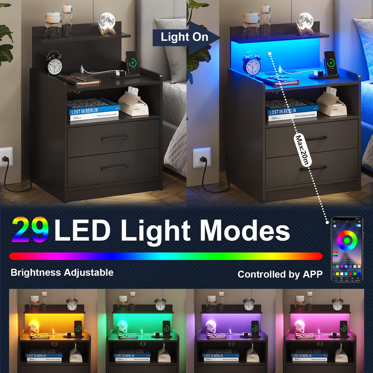 Black LED Nightstand with Charging Station and 2 Drawers Q2345