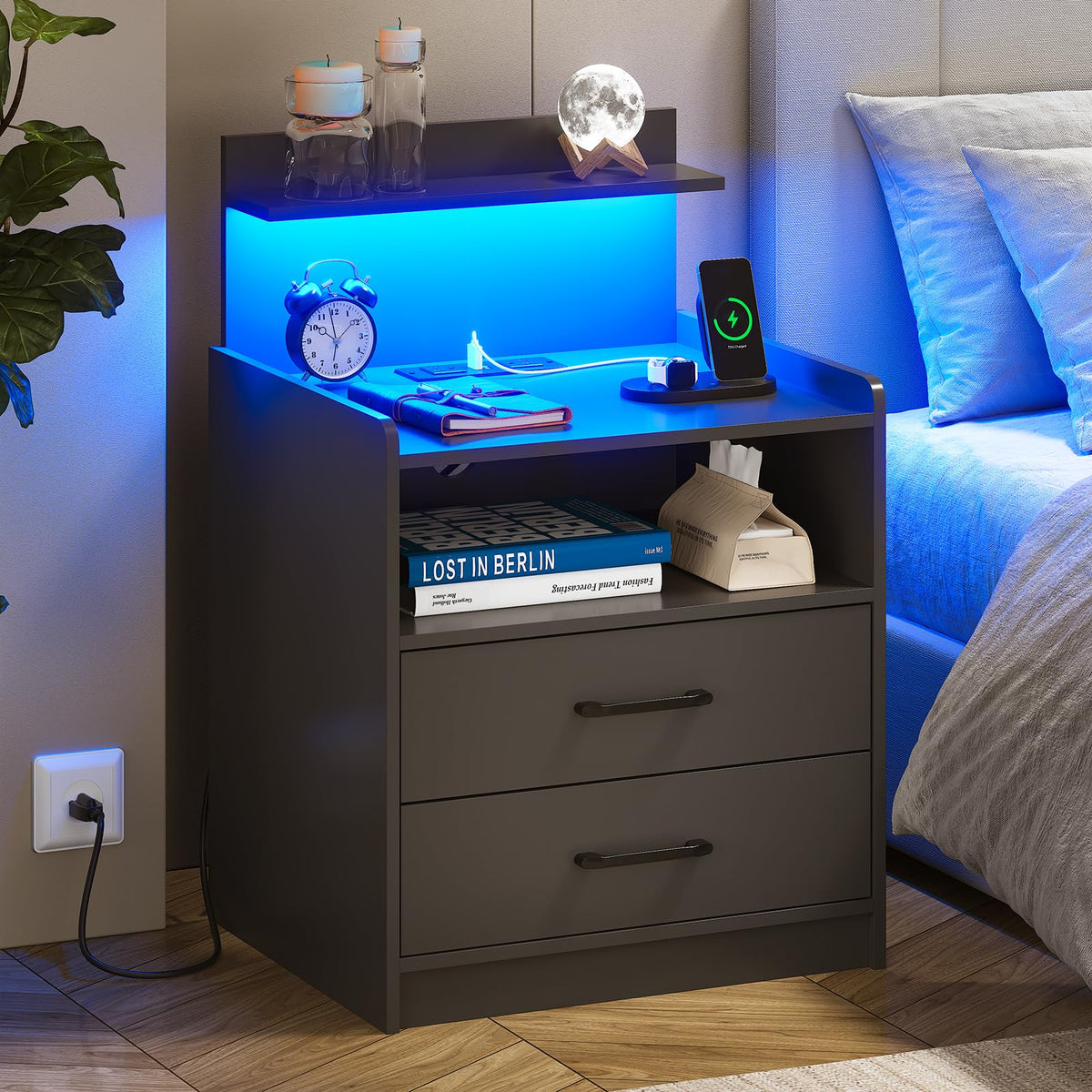 Black LED Nightstand with Charging Station and 2 Drawers Q2345