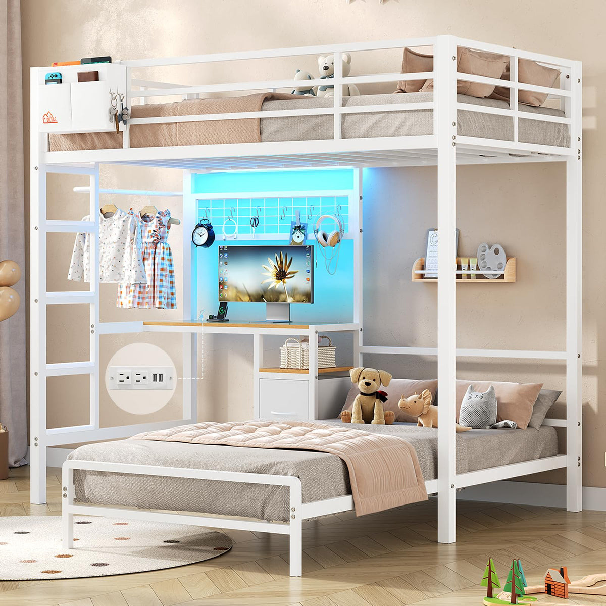 Twin Over Twin White Bunk Bed with Desk Z17970