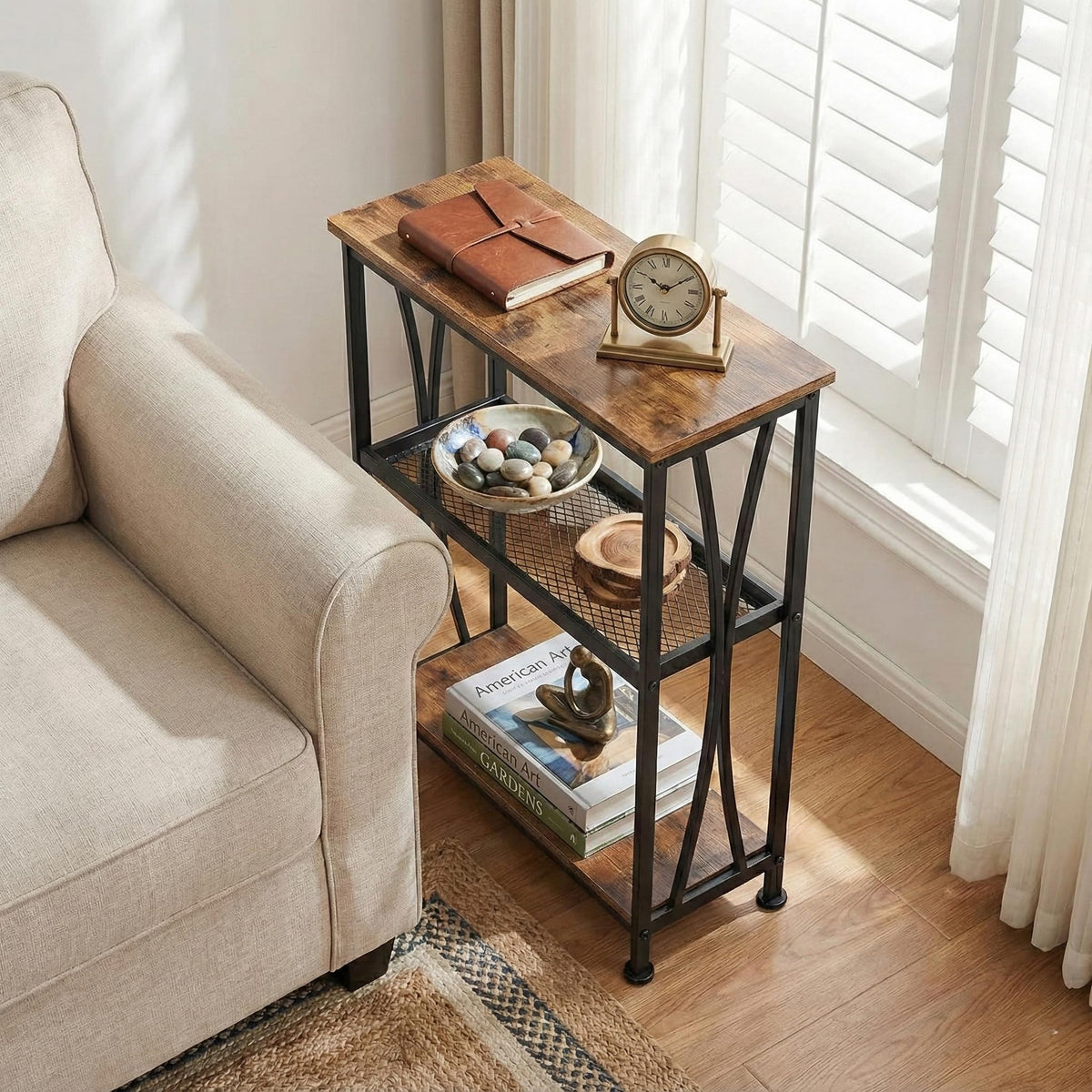 Narrow 3-Tier Side Table with Storage Shelves T468