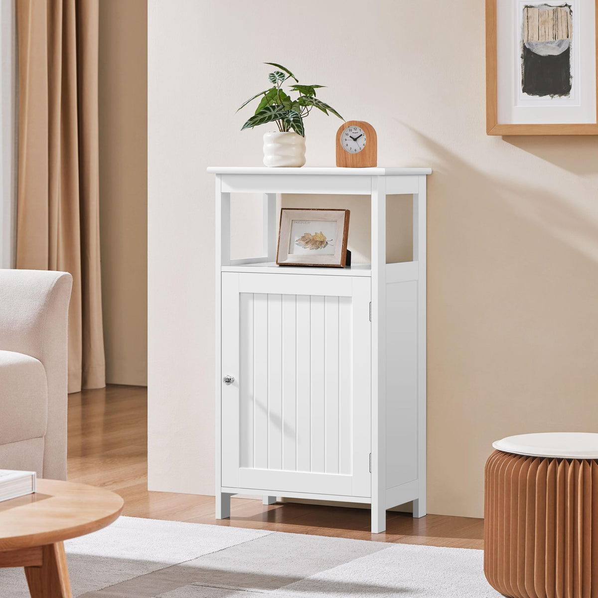 White Bathroom Storage Cabinet with Door & Open Shelf S677