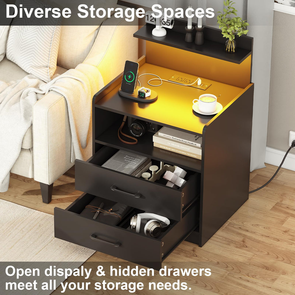 Black LED Nightstand with Charging Station and 2 Drawers Q2345