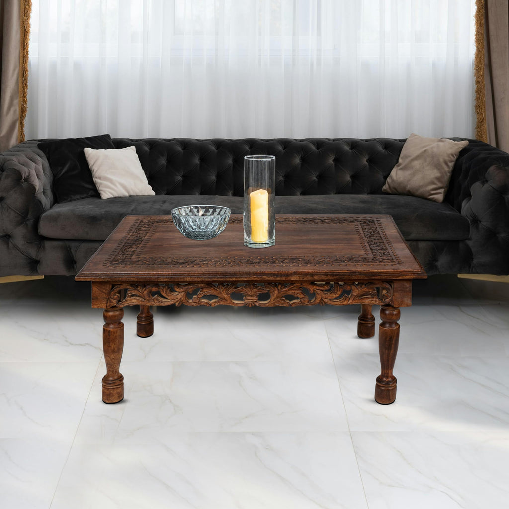 Farmhouse Coffee Table 36x24x18 Jali Carved Wood U9564