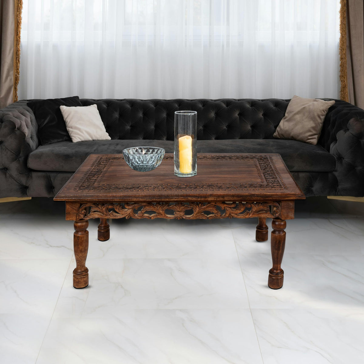 Farmhouse Coffee Table 36x24x18 Jali Carved Wood U9564
