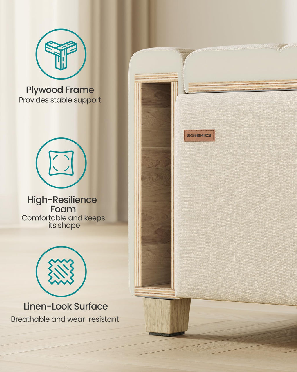48 Inches Storage Ottoman with Solid Wood Legs L623228