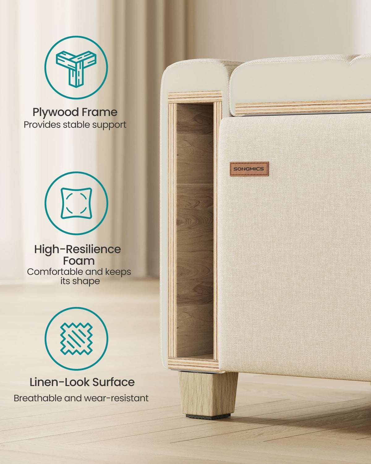 48 Inches Storage Ottoman with Solid Wood Legs L623228