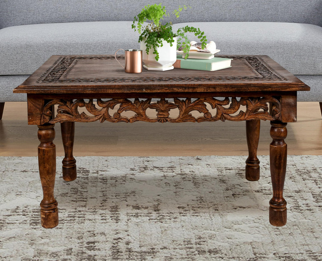 Farmhouse Coffee Table 36x24x18 Jali Carved Wood U9564