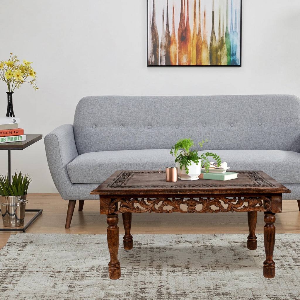 Farmhouse Coffee Table 36x24x18 Jali Carved Wood U9564