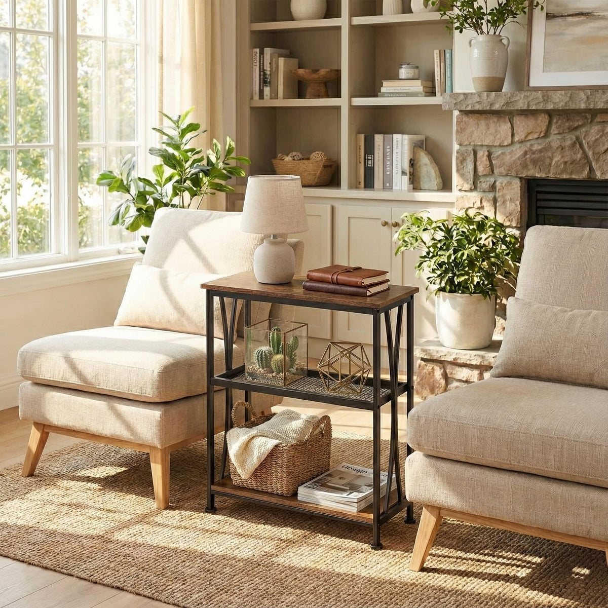 Narrow 3-Tier Side Table with Storage Shelves T468