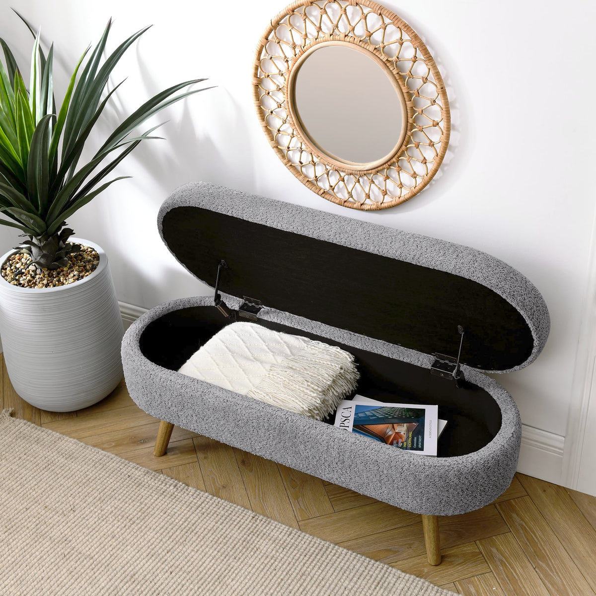 Oval Storage Bench with Rubber Wood Legs, Gray J43495