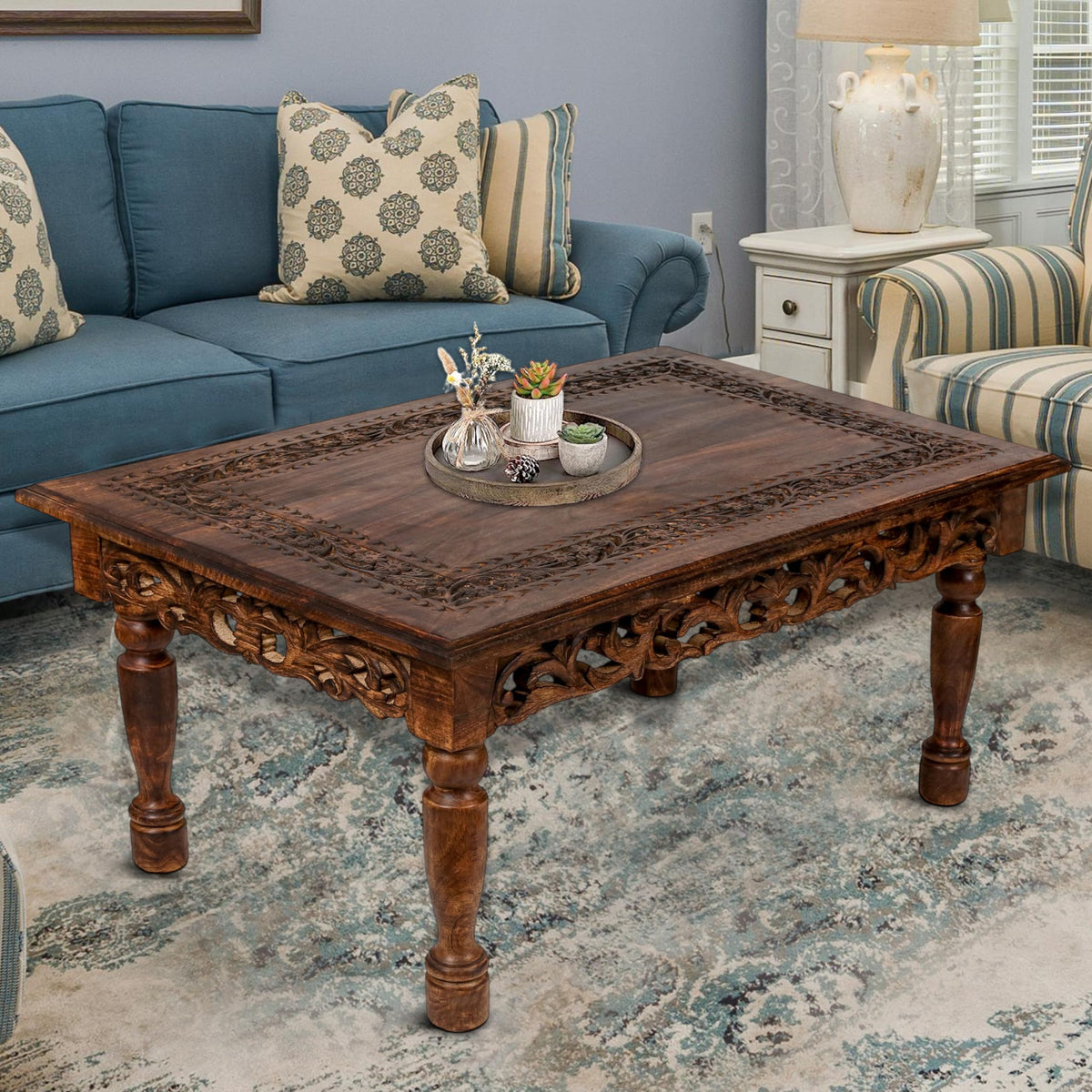 Farmhouse Coffee Table 36x24x18 Jali Carved Wood U9564