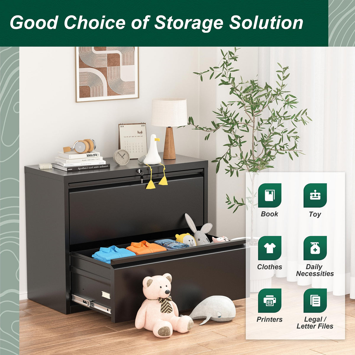 Black 2 Drawer Metal File Cabinet with Lock Z71191