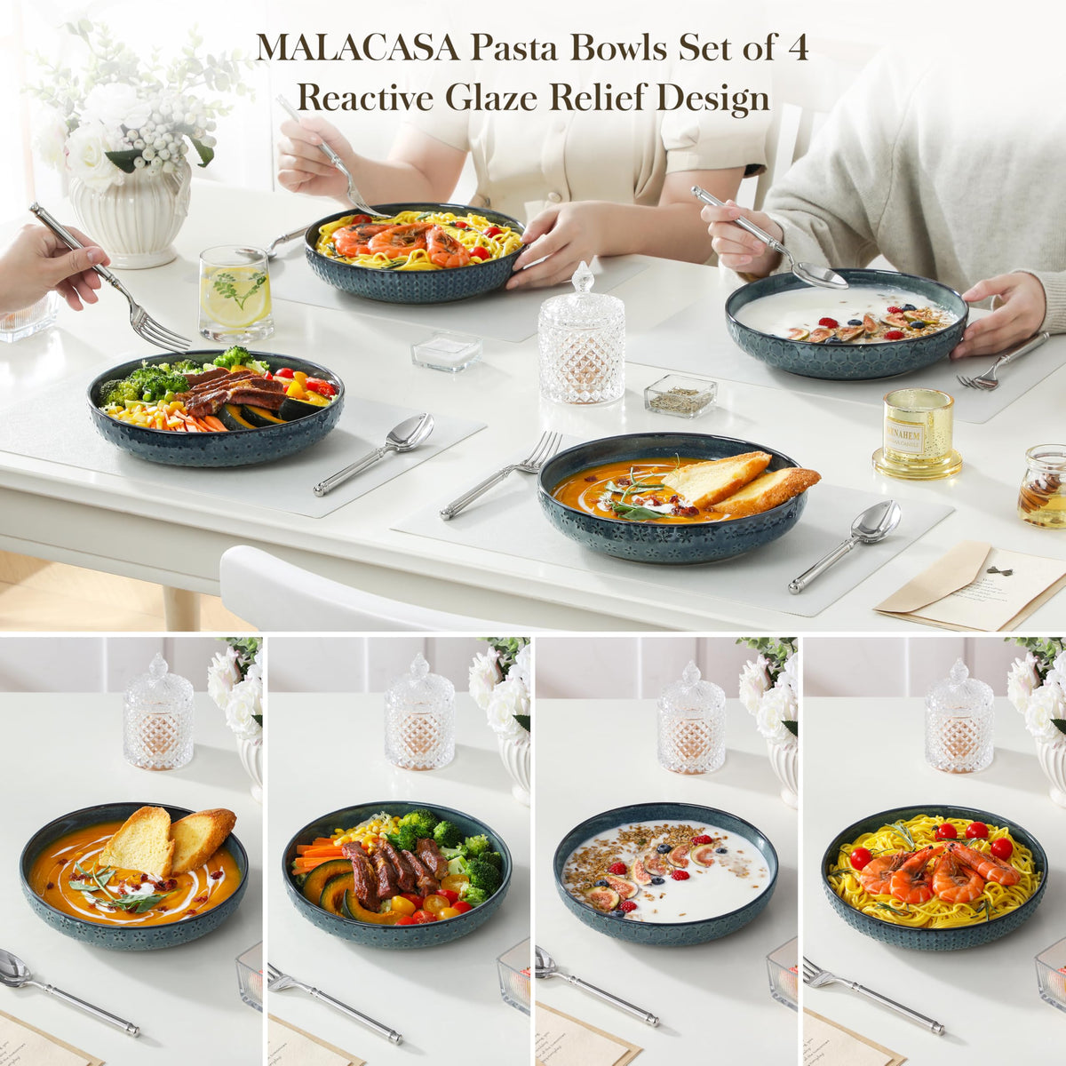 48 Oz 9.5 Inch Ceramic Pasta Bowls Set of 4 Green B89215