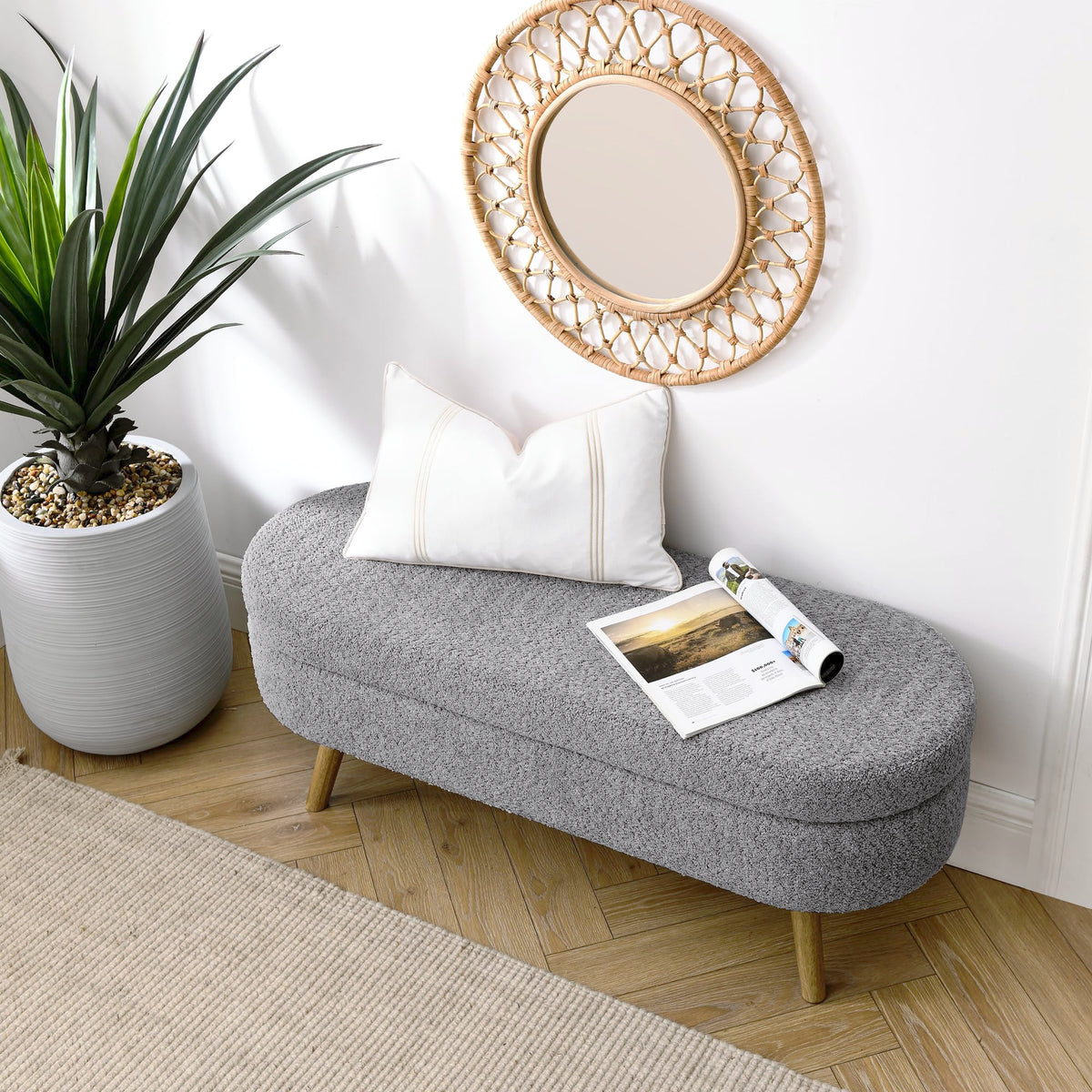 Oval Storage Bench with Rubber Wood Legs, Gray J43495